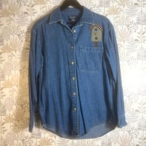 Vintage Eddie Bauer Denim Shirt Women's Small Birdhouse  Embroidered Long Sleeve
